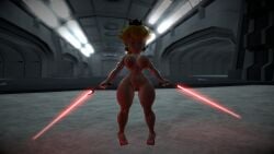 1girls 3d 3d_(artwork) alternate_version_available big_breasts big_thighs blonde_hair blue_eyes breasts crown curvy earrings elbow_gloves female female_only gloves heels holding_lightsaber kabalmystic_(style) light-skinned_female light_skin lightsaber lips lipstick looking_at_viewer mario_(series) naked nintendo nipples nude pink_lipstick ponytail princess_peach pussy red_heels red_lightsaber serious solo thhypercombine12 thick thick_hips thick_thighs thighs tied_hair white_gloves wide_hips