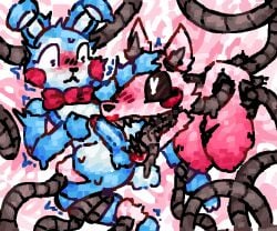 animatronic anthro big_breasts blue_body bodily_fluids bow_tie bow_tie_only breasts canid canine drooling_tongue duo exposed_endoskeleton female five_nights_at_freddy's five_nights_at_freddy's_2 fox hand_on_chest hand_on_head humanoid imminent_oral lagomorph leg_grab leporid lipstick long_tongue machine makeup male male/female mammal mangle_(broken) mangle_(fnaf) mechanical_tentacles metal_teeth metal_tentacles metal_tongue metallic_body mostly_nude mouth_on_penis nervous nervous_sweat pink_body rabbit red_lipstick restrained restrained_by_tentacles robot rosy_cheeks scaliescum scottgames sharp_teeth startled sweat sweatdrop teeth tentacle thigh_grab tongue toy_bonnie_(fnaf) tremble_spikes twitching white_body wide_eyed