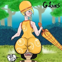 accidental_penetration accidentally_stuck ass_in_dress baroque_works big_ass big_butt blonde_hair blue_eyes broken_bone broken_nose brushing bubble_ass bubble_butt butt_attack digging_into_butt dress_inside_ass ear_piercing facesitting female g.lins grass_field hat jiggle little_garden male mikita_(one_piece) miss_valentine nose_to_anus one_piece orange_clothing penetration_through_clothes suprised_face umbrella usopp weaponized_ass wide_hips woods x-ray
