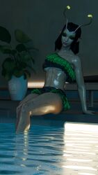 antennae antennae_(anatomy) bikini bikini_bottom bikini_top breasts female guardians_of_the_galaxy looking_at_viewer mantis_(marvel) mantis_(marvel_rivals) marvel marvel_cinematic_universe marvel_rivals pool poolside shiny shiny_skin sitting small_breasts solo solo_female tanline wet wet_body wet_skin zdots