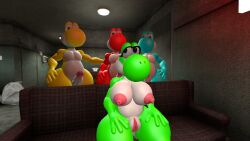 1girls 3boys 3d 3d_(artwork) alternate_version_available big_breasts big_penis big_thighs blue_eyes breasts couch curvy cyan_yoshi female foursome indoors kabalmystic_(style) male mario_(series) multiple_boys nintendo nipples part_of_a_set penis pussy quartet red_yoshi solo_female thhypercombine12 thick thick_hips thick_thighs thighs trio_male wide_hips yellow_yoshi yoshi