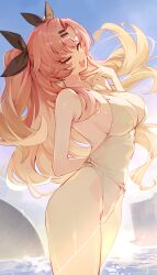 1girls absurdres alternate_costume arm_behind_back backlighting breasts criss-cross_halter female female_only from_side goomrrat green_eyes halterneck hand_up highres large_breasts long_hair looking_at_viewer low_neckline mole mole_on_breast nicole_demara ocean one-piece_swimsuit one_eye_closed open_mouth pink_hair solo swimsuit two_side_up white_one-piece_swimsuit zenless_zone_zero