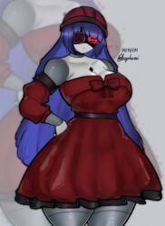 2d 2d_(artwork) android android_girl baphoavi big_breasts breasts clothed clothed_female doll_(murder_drones) dress female female_focus female_only large_boobs large_breasts long_hair long_hair_female murder_drones prom_dress purple_hair purple_hair_female red_dress red_eyes red_eyes_female solo solo_female solo_focus