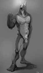 1boy abs anthro balls biceps canine doberman grin humanoid_penis looking_at_viewer male male_only mammal muscular nipples nude penis saburo_aburame simple_background smile solo standing