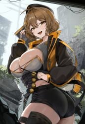 1girls 40mm_grenade absurdres ammunition anis_(nikke) artist_request ass beret black_jacket black_shorts breasts brown_hair building cat_hair_ornament commentary female female_only fingerless_gloves gloves goddess_of_victory:_nikke grenade_launcher grey_gloves grey_sky gun hair_between_eyes hair_intakes hair_ornament hand_up hat highres jacket large_breasts long_sleeves looking_at_viewer medium_hair milkor_mgl open_clothes open_jacket open_mouth orange_jacket outdoors ponya_0000 ruins short_shorts shorts sky smile solo teeth thick_thighs thighs twisted_torso upper_teeth_only weapon zipper