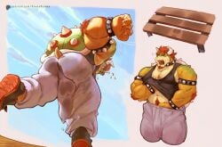 1boy anthro armband ass balls barazoku big_balls big_bulge big_butt big_penis bodily_fluids body_hair bottomwear bowser bracelet bulge chest_hair clothing detailed_bulge dragon_koopa eyebrows facial_hair footwear furry furry_male furry_only genital_outline genitals goatee hair hi_res horn jewelry kawaakumma koopa male male_only mario_(series) nintendo pants penis penis_outline red_hair reptile running scales scalie shell shirt shoes short_tail sneakers solo spiked_armband spiked_bracelet spiked_shell spikes spikes_(anatomy) sweat sweatpants tail tank_top thick_eyebrows topwear yellow_body yellow_scales