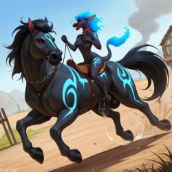 ai_generated cumshot equine female glowing_eyes glowing_markings horse male mount red_eyes ridding saddle size_difference