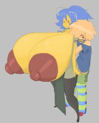 1boy 1girls 4four44 areolae blonde_hair blue_hair breasts breasts_bigger_than_head breasts_out exposed_breasts female hair_covering_eyes hair_over_eyes hips hyper_breasts large_breasts male nipples noob noob_(roblox) ponytail roblox robloxian shorts smaller_male striped_legwear taller_female thick_thighs thighs tongue tongue_out visor_cap wide_hips yellow_body yellow_skin