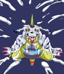 bukkake cum cum_everywhere cum_in_mouth cum_inside cum_on_arm cum_on_body cum_on_face cum_on_leg darthglacier digimon gabumon half-closed_eyes hi_res horn humanoid_penis kneeling looking_up male male_only messy penis solo tongue tongue_out yellow_skin