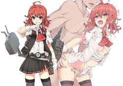 1boy ahoge arashi_(kantai_collection) ascot bandaid black_eyes black_legwear blouse doggy_style female fingering fujii_jun gloves kantai_collection looking_at_viewer red_hair sarashi sex simple_background skirt thighhighs torn_clothes vest white_background white_gloves