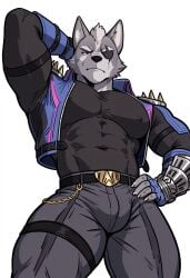 1boy abs ai_generated anthro bara big_pecs bulge clothed covered_nipples eyepatch from_below fully_clothed fully_clothed_anthro fully_clothed_male furry hand_behind_head hand_on_hip hi_res high_resolution highres kovasfox large_pectorals looking_at_viewer male male_focus muscular muscular_anthro muscular_male nintendo nipples_visible_through_clothing pecs pectorals red_eyes simple_background solo solo_male star_fox thick_thighs tight_clothing tight_shirt white_background wolf wolf_o'donnell