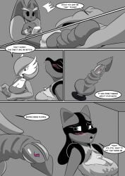 alternate_mega_stone_color anthro blush breasts canid canine chest_spike cleavage clothed clothing comic crop_top duo dyriuck_kaos english_text female flat_chested gardevoir generation_3_pokemon generation_4_pokemon group hi_res humanoid inside lagomorph leporid lopunny lucario lucarionite mammal mega_stone mega_stone_buttplug monochrome nintendo notebook nude open_mouth pokemon pokemon_(species) rabbit sex_toy shirt speech_bubble spikes spikes_(anatomy) taking_notes text topwear trio writing_text