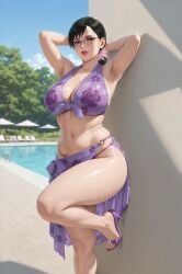 ai_generated armpits arms_behind_head bangs bent_legs black_hair cattleya cleavage female floral_print flower_in_hair glasses heels large_breasts leaning leaning_on_wall lounge_chair midriff milf one_leg_bent outdoor_background poolside purple_clothing queen's_blade rgomez007 sarong seductive_smile solo_female stable_diffusion standing_on_one_leg thick_lips thick_thighs tied_clothing trees wide_hips