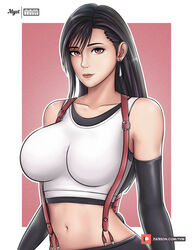 1girls black_hair breasts clothed clothing earrings female female_only final_fantasy final_fantasy_vii final_fantasy_vii_remake gloves large_breasts long_gloves long_hair looking_at_viewer midriff navel solo standing tank_top tifa_lockhart tight_clothing yhw