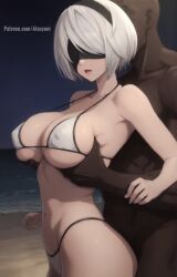 1boy 1girls 2b_(nier:automata) ai_generated aisuyuni beach bikini blacked blindfold cheating cheating_female cheating_girlfriend cheating_wife cuckold cuckold_pov cuckolding grabbing grabbing_breasts grabbing_from_behind hips interracial netorare nier nier:_automata night night_sky ntr swimsuit tummy white_hair