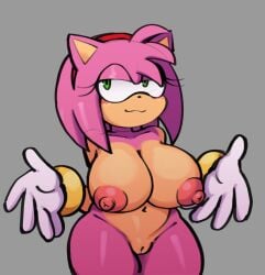 accessory amy_rose anthro bcaus4rt big_breasts blush bracelet breasts clothing eulipotyphlan eyelashes female genitals gloves green_eyes hair_accessory hairband handwear hedgehog hi_res jewelry mammal narrowed_eyes nipples pink_body pink_nipples sega smile smirk solo sonic_(series) sonic_the_hedgehog_(series) tan_body tan_skin vulva