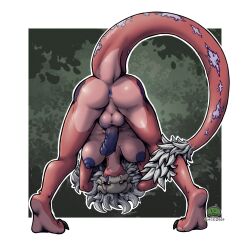 anthro anus ass ass_up backsack balls big_breasts bite_mark black_sclera bone breasts geckone genitals grey_hair gynomorph hair hands_behind_head head_between_legs hi_res intersex looking_at_viewer markings marrow_(geckone) monster nipples nude penis presenting presenting_anus presenting_hindquarters purple_nipples raised_tail red_body scar seductive skull skull_head solo spiky_hair tail tail_tuft tongue tongue_out tuft unknown_species upside-down yellow_eyes