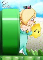 background blonde_hair blue_eyes breasts cleavage curvy dress female huge_breasts luma mario_(series) meetup_in_bellabel_park nintendo pipe princess_rosalina super_mario_bros._wonder super_mario_bros._wonder_+_meetup_in_bellabel_park super_mario_galaxy tippyhat_(artist)