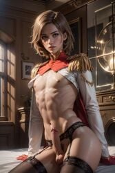 ai_generated akechi_goro androgynous_male bare_torso beautifulboyai black_thighhighs body_leaning brown_eyes brown_hair brown_walls buttock epaulettes erection fan_character femboy garter_belt garter_straps hair_strand looking_away medium_hair_male orange_gloves paneling persona_5 pretty_boy pubic_hair_peek sitting_on_bed toned_male traditional_interior tunic window_frame
