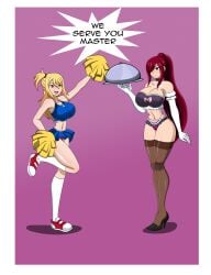 absurdres big_breasts blonde_hair breasts cheerleader cheerleader_outfit cheerleader_uniform dlobo777 empty_eyes erza_scarlet fairy_tail femsub high_heels hypnosis large_breasts long_hair lucy_heartfilia maid multiple_girls multiple_subs muscular muscular_female panties sneakers text thick_thighs thighhighs tray underwear