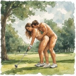 1boy 1boy1girl 1girls ai_generated distracted duo duo_focus female furryfarm golf golf_ball golf_club golf_course interrupted public public_exposure public_humiliation public_indecency public_nudity public_sex public_use sex sport straight