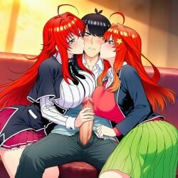 1boy 2girls ai_generated ass black_hair black_hair_male blue_eyes blue_eyes_female breasts clothing crossover double_kiss double_masturbation female go-toubun_no_hanayome grabbing_penis high_school_dxd huge_ass huge_breasts huge_cock kissing_cheek light-skinned_female light-skinned_male light_skin male multiple_girls nakano_itsuki novelai penis_grab red_hair red_hair_female rias_gremory straw teenage_girl teenage_male uesugi_fuutarou yellow_eyes younger_female younger_male