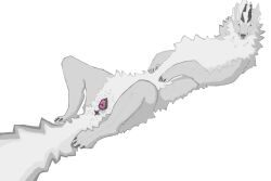 animal_genitalia animal_vulva anus ass bodily_fluids bodily_fluids_in_ass bodily_fluids_in_pussy canine_genitalia canine_nose canine_vulva dragon female feral fur furred_dragon furred_scalie genital_fluids genitals grey_body grey_fur hi_res horn long_body long_tail looking_at_viewer lying m222 mane mythological_creature mythological_scalie mythology on_back pink_eyes presenting quadruped rear_view scalie solo spread_legs spreading tail tail_anus vaginal_fluid_string vaginal_fluids vaginal_fluids_on_butt view vulva white_body white_fur white_mane