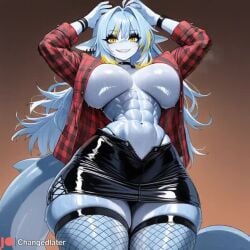 abs ahoge ai_generated anthro black_nails blue_body blue_hair blue_skin bracelet changedlater choker curvy earrings eyeliner eyeshadow fishnet_legwear fishnets furry furry_only grin hair_intakes hands_on_head hip_sway huge_breasts humanoid large_breasts latex latex_skirt long_fingernails makeup messy_hair mira_(changedlater) mp4 muscular muscular_anthro muscular_female musk musk_clouds narrow_waist open_clothes open_shirt pointy_teeth shark shark_fin shark_girl shark_humanoid shark_tail shark_teeth sharp_teeth shiny_skin shirt shirt_open skirt smirk solo string_panties sweat sweaty tagme tartan video wide_hips yellow_eyes yellow_highlights