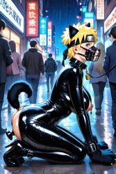 ai_generated black_collar canine ear humiliated humiliation muzzled naruto naruto_(series) plug_(sex_toy) public puppyplay submissive submissive_male uzumaki_naruto