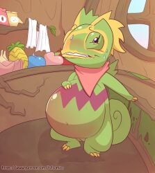 2019 amniotic_fluid anthro belly big_belly biped bodily_fluids claws clenched_teeth curled_tail female finger_claws food fruit fuf generation_3_pokemon genital_fluids genitals green_body green_skin hi_res huge_belly humanoid_genitalia humanoid_vulva inside kecleon kerchief kerchief_only labor mostly_nude navel neckerchief neckerchief_only neckwear nintendo plant pokemon pokemon_(species) pokemon_berry pregnant pregnant_female solo standing sweat tail teeth toe_claws vulva water_breaking