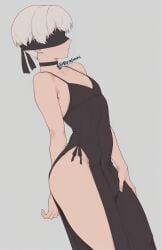 1boy 1femboy ai_generated ass blindfold bratinni bulge dress femboy from_side long_dress nier:_automata otoko_no_ko side_slit simple_background solo standing thick_thighs thighs yorha_9s
