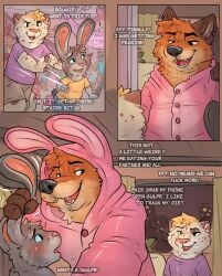 anthro baileyx blush bunny_costume canid canine clothed clothed_male clothed_pred clothing comic costume cuckold dialogue domestic_cat english_text felid feline felis fox fur gay gay_male gold_(metal) gold_tooth grey_body grey_fur group hi_res imminent_oral_vore imminent_vore inside lagomorph leporid male male/male mammal mean open_mouth orange_body orange_fur party profanity pushing rabbit scut_tail short_tail size_difference tail text trio yaoi