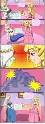 absurdres big_breasts blonde_hair breast_expansion breasts comic crown dan dancer dancer_girl dancing dlobo777 dress elf_ears female_only femdom genie green_skin happy_trance harem harem_girl harem_outfit hypnosis ivory_(swankypajamas) jewelry large_breasts original princess princess_caelia_(kachopper9) text