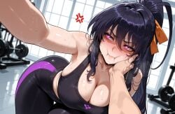 1boy 1girls :i ai_generated akeno_himejima anger_vein armpits bangs bare_shoulders bent_over black_hair black_pants black_sports_bra blush breasts cheek_squash cleavage closed_mouth clothing collarbone curvaceous curvaceous_female curvaceous_figure curvy curvy_figure dumbbell female female_focus gym gym_clothes gym_uniform hair_between_eyes hair_ribbon hand_on_another's_cheek hand_on_another's_face heart-shaped_pupils high_ponytail high_school_dxd indoors inviting inviting_to_sex large_breasts leaning_forward long_hair looking_to_the_side miyuai orange_ribbon outstretched_arm pants ponytail pov_hands presenting presenting_ass presenting_breasts presenting_hindquarters presenting_self purple_eyes ribbon seductive seductive_look seductive_smile solo_focus sports_bra sportswear sweat symbol-shaped_pupils thigh_gap thighs tight_pants voluptuous voluptuous_female yoga_pants