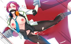 arm_grab between_breasts big_breasts black_legwear blush boots breasts censored doggy_style female gag gagged hair_ornament hairclip headphones headphones_around_neck heart heart_censor highres kairos+ minase_koito monster musaigen_no_phantom_world navel necktie necktie_between_breasts nipples open_clothes open_shirt pantyhose penetration pink_eyes pink_hair sex shirt short_hair star_hair_ornament tears torn_clothes torn_pantyhose vaginal_penetration