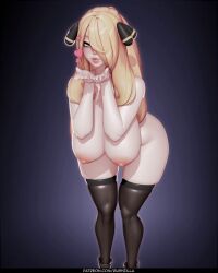 1girls 3d animated areolae ass blonde_female blonde_hair blowing_kiss breasts cynthia_(pokemon) female heart huge_ass huge_breasts loop looping_animation naked_footwear nipples nude nude_female pokemon pussy rushzilla solo stockings tagme thick_thighs turntable_(animation)