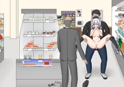 1girls 2boys anal artist_logo artist_name balding beret black_hair black_hat black_shirt black_socks blue_eyes blue_pants blurry blush breasts cash_register cashier caught censored cleft_of_venus clothed_male_nude_female completely_nude constricted_pupils convenience_store counter covering_own_mouth depth_of_field double-parted_bangs dropping english_commentary exhibitionism fat_male female furrowed_brow glasses grey_hair grey_suit hair_between_eyes hat hat_ribbon high_heels id_card indoors kantai_collection kashima_(kantai_collection) kashima_(lawson)_(kantai_collection) kneehighs lawson legs_up lifted_from_behind lifting_person logo long_sidelocks male medium_breasts mixed-language_commentary mosaic_censoring multilingual_commentary multiple_boys nail_polish navel nipple_clamps nipples nude old old_man open_fly original pants pink_nails ppshex public_indecency pussy reverse_suspended_congress ribbon sex sex_from_behind shelf shirt shop sidelocks signature smile socks spread_legs store_clerk story_in_commentary suit twintails unzipped wide-eyed