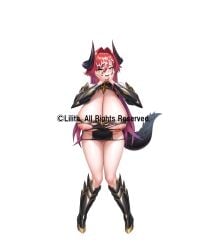 after_sex arm_armor black_dress breasts cleavage_cutout clothing_cutout commentary_request copyright_notice cum cum_on_hair cumdrip detached_sleeves dragon_girl dragon_tail dress female gigantic_breasts green_eyes hair_intakes head_rest highres hip_vent horns jumbo_yama leg_armor marie_(taimanin) mole mole_under_eye nipples official_art pillow_shading red_hair second-party_source solo tail taimanin_(series) taimanin_rpgx white_background