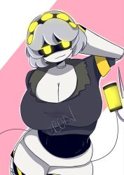 1girls big_breasts female_only grey_hair hand_on_head murder_drones smiling smiling_at_viewer solo_female v_(murder_drones) yellow_eyes