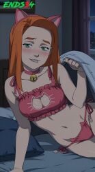 1girls ai_generated atom_eve bra catgirl ends34 female female_only invincible on_bed orange_hair solo superheroine