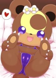 blush brown_body brown_fur commission fan_character jubbi kajiura legs_up lily_(jubbimafu) pokemon pokesona purple_eyes self_insert smiling swimsuit teddiursa