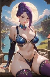 1girls ai_generated arm_guards armored_female bikini_armor bun_hair cameltoe cliff earrings fantasy fantasy_clothing fantasy_landscape fantasy_world female hair_pin hair_strand hands_on_surface medival midriff moon mountain neck_guard purple_hair revealing_armor rgomez007 scenery side_swept_bangs sitting sitting_on_surface sky solo_female stable_diffusion thick_thighs thighhighs thong updo wide_hips