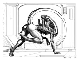 1girls alien alien_(franchise) alien_girl alien_only artist_name ass big_butt big_thighs biomechanical breasts door female female_xenomorph interior nude pussy science_fiction small_breasts smile tubes wide_hips xenomorph zaggatar