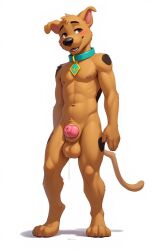 ai_generated anthro anthro_male canine cum_string cumming dog_penis flaccid flaccid_penis happy_face inviting_to_sex knot knotted_penis penis precum presenting presenting_penis presenting_self presenting_sheath scooby-doo scooby-doo_(character) sheath sheathed simple_background small_penis smaller_male standing young younger_male