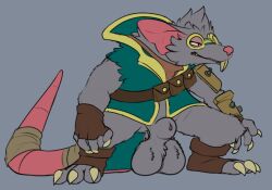 2026 3_toes alexclimax animal_genitalia anthro balls bandage bandaged_tail big_balls biped bottomless bottomless_anthro bottomless_male brown_clothing brown_gloves brown_handwear buckteeth claws clothed clothing coat digital_media_(artwork) feet fingerless_gloves fur genitals gloves goggles_on_face green_clothing green_coat green_topwear grey_background grey_body grey_fur handwear league_of_legends male male_anthro mammal murid murine paws rat riot_games rodent saggy_balls sheath simple_background solo standing tail teeth tencent toe_claws toes topwear twitch_(lol)