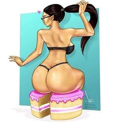 artist_request ass bra breasts brown_hair cake dark-skinned_female dark_skin dat_ass female glasses mia_khalifa panties solo tan_skin text watermark