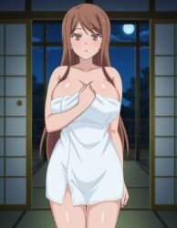 ai_generated ayane_shirakawa bedroom brown_eyes brown_hair dark_room long_hair overflow_(series) shirakawa_ayane shoji towel towel_around_waist towel_only