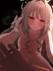 1boy black_background blue_archive blush bow breasts brown_hair closed_mouth collarbone commentary_request completely_nude convenient_censoring cowgirl_position earosoligt female green_halo hairbow halo highres long_hair medium_breasts miyo_(blue_archive) nipples nude pov smile straddling straight white_bow