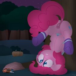 absurd_res blue_eyes blush candy cutie_mark dtcx97 equine female feral food forest friendship_is_magic fur hair halloween hi_res holidays horse mammal my_little_pony outside pink_fur pink_hair pinkie_pie_(mlp) pony pussy solo tree upside-down