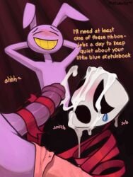 anthro blackmail blush bodily_fluids closed_eyes crying cum cum_drip cum_on_face dialogue digital_drawing_(artwork) digital_media_(artwork) dripping duo ejaculation english_description english_text female forced gangle_(tadc) genital_fluids glitch_productions handjob hands_behind_head hands_behind_own_head hi_res jax_(tadc) lagomorph leporid looking_pleasured male male/female mammal marsminer penile purple_body rabbit rape ribbons_(anatomy) sex smile talking_to_another talking_to_partner tears text the_amazing_digital_circus